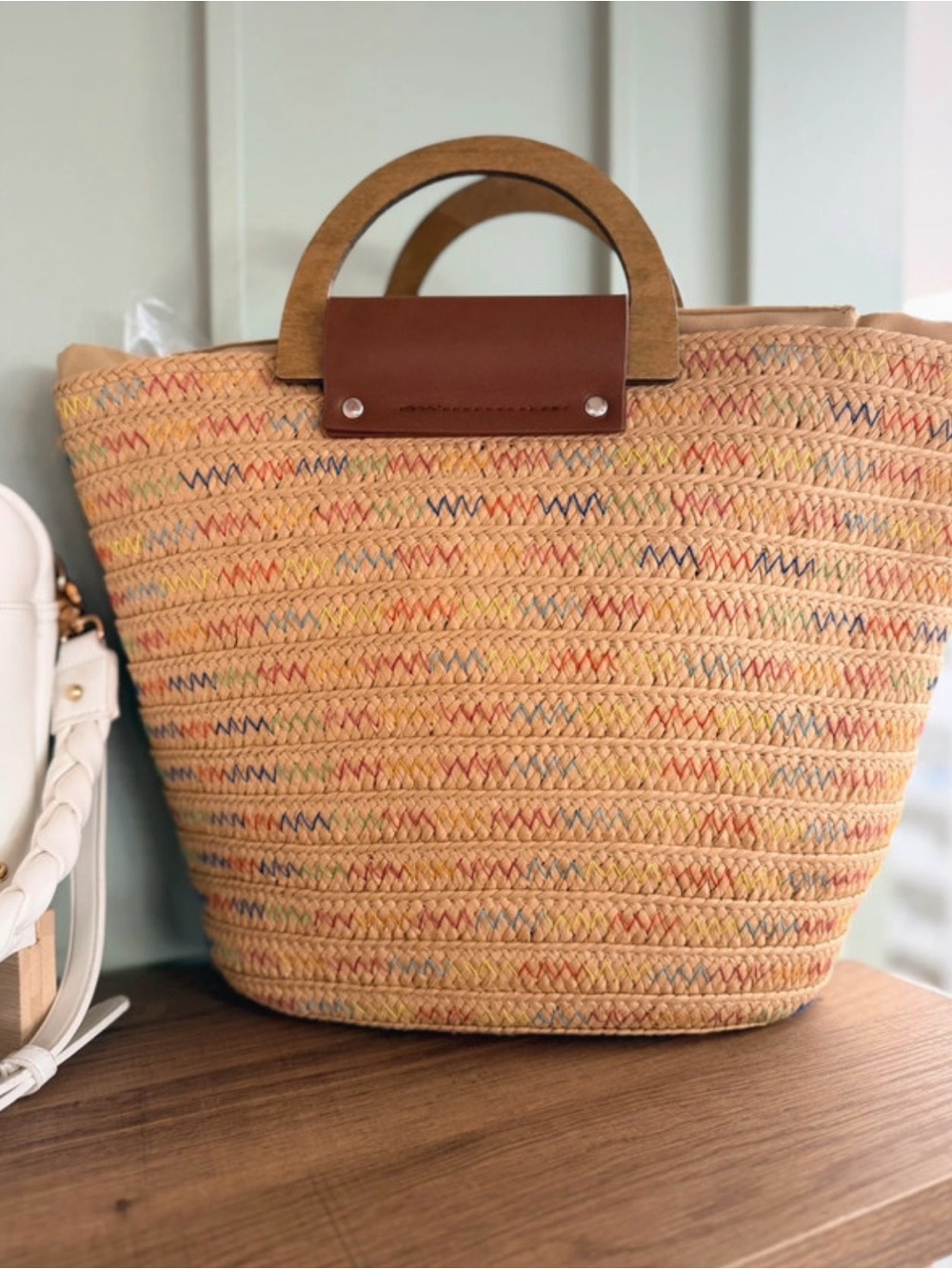 Woven Straw Tote Bag with Brown Leather Trim - Natural Multicolor